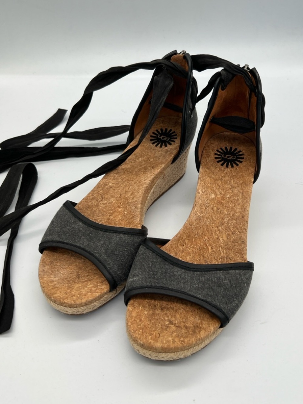 Women's UGG Black Cork Wedge Sandals with Ankle Wrap